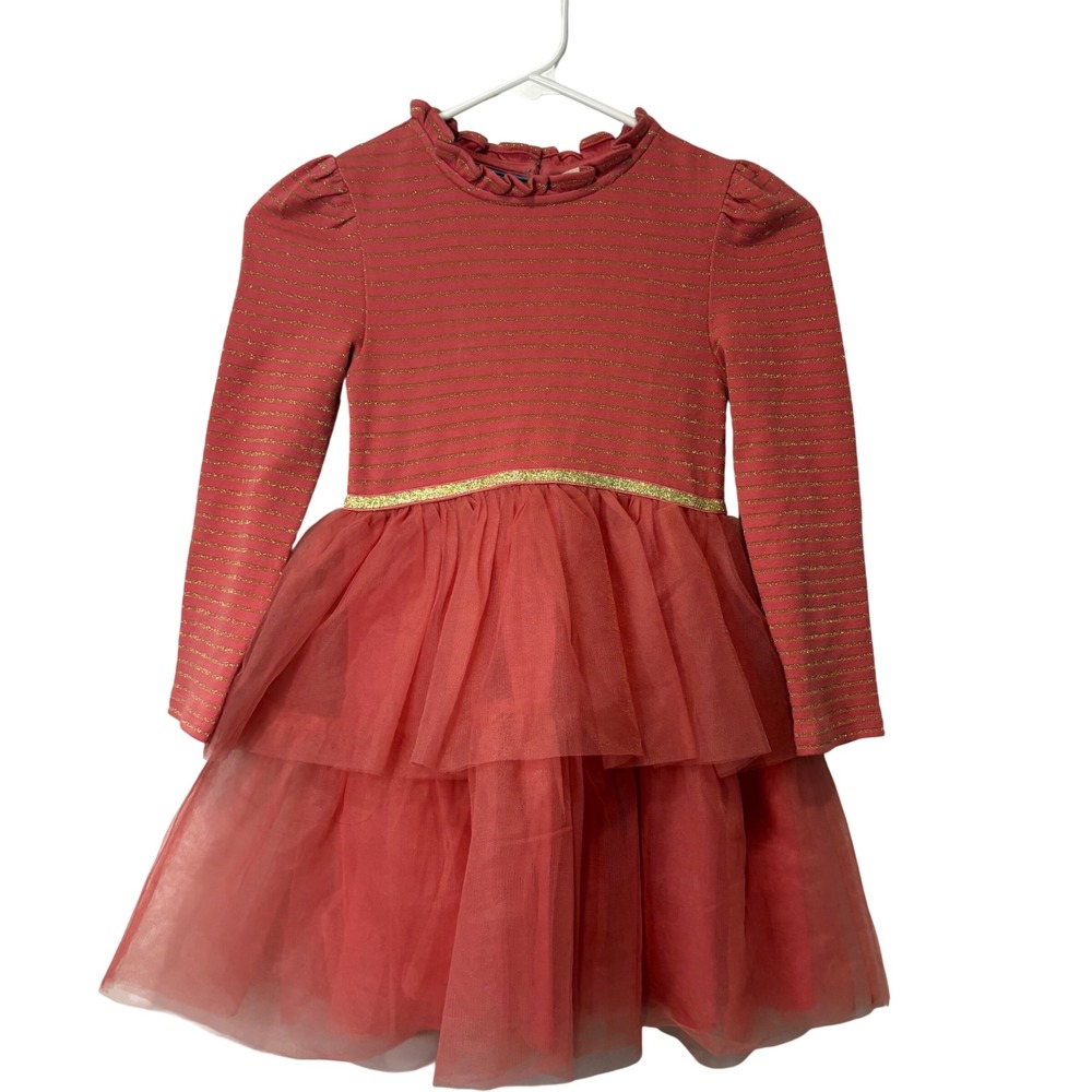 Mini Boden Tulle Tutu Dress Kids 6-7Y Coral Pink Gold Metallic Striped Tiered